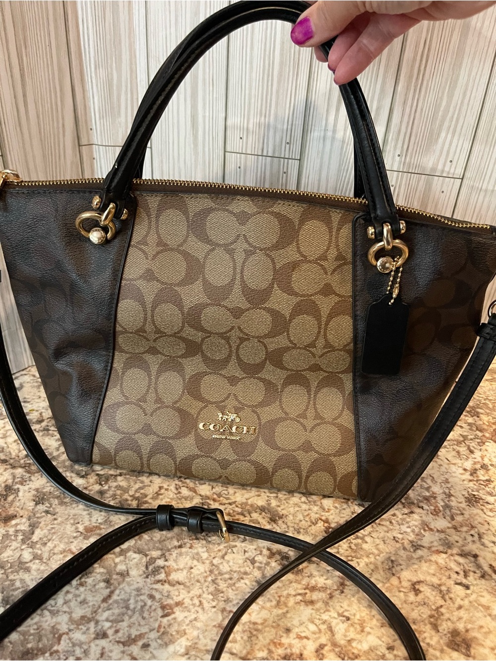Coach Brown Signature Canvas Satchel with Black Trim and Gold Hardware